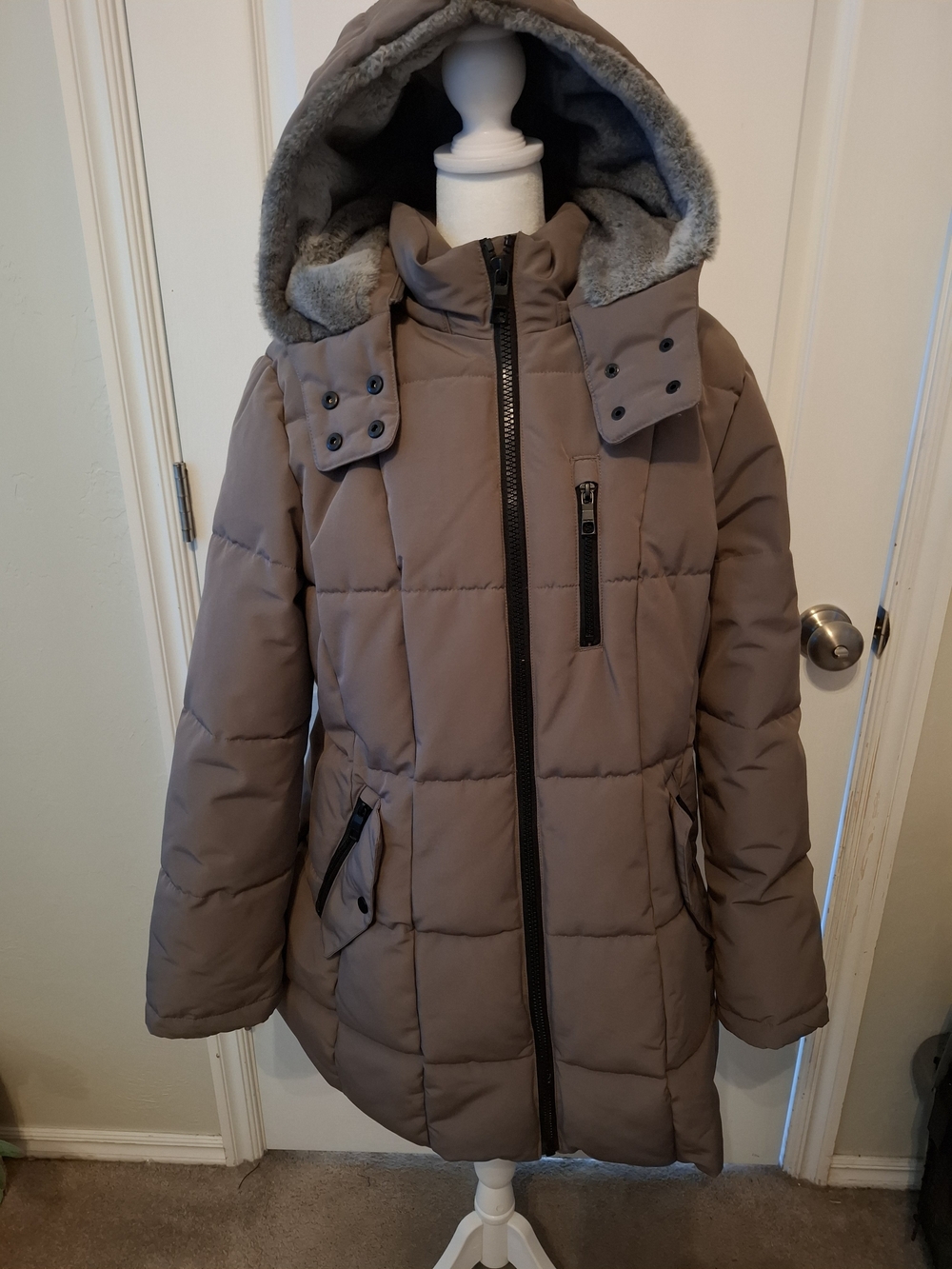 Nautica Taupe Hooded Quilted Puffer Coat with Faux Fur Hood